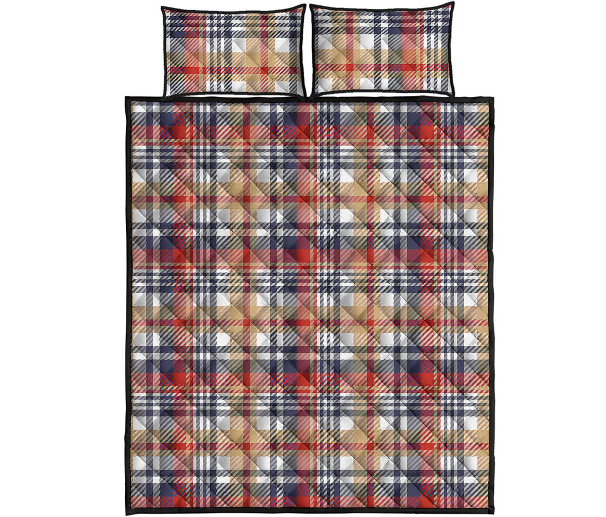 Red Blue And Beige Madras Plaid Print Quilt Bed Set