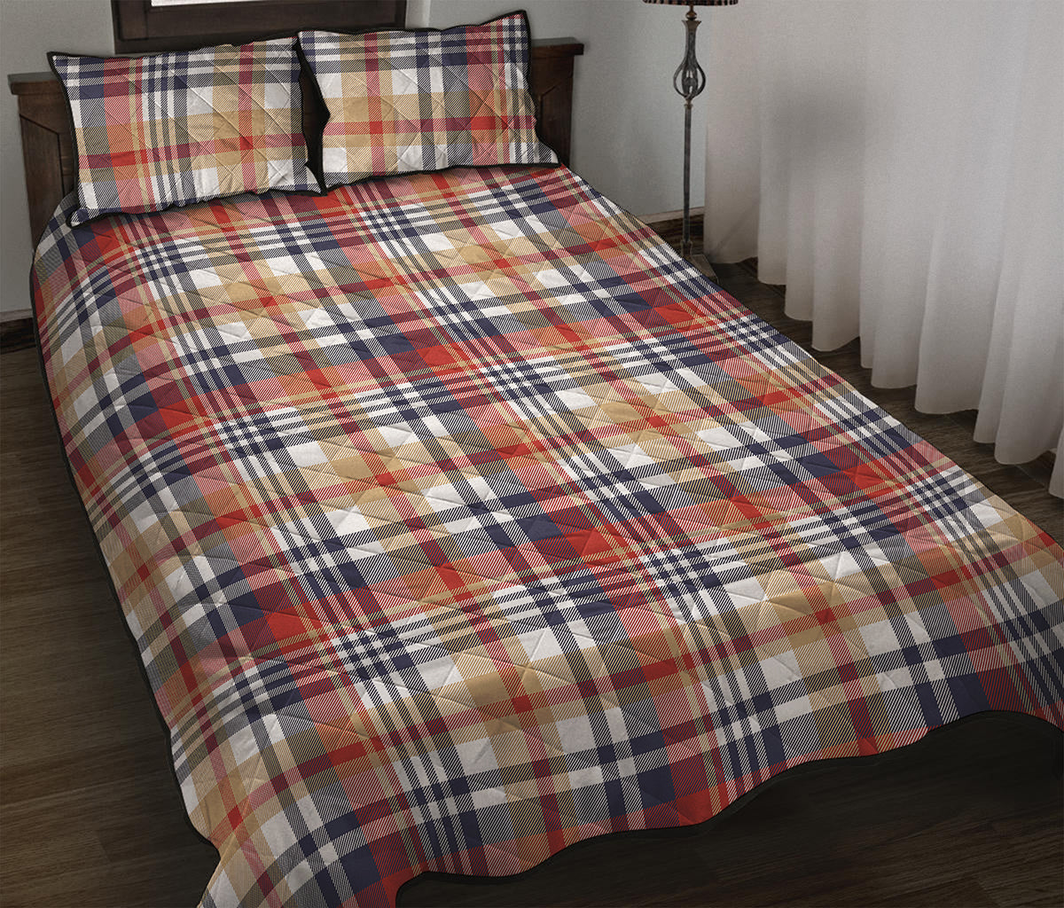 Red Blue And Beige Madras Plaid Print Quilt Bed Set