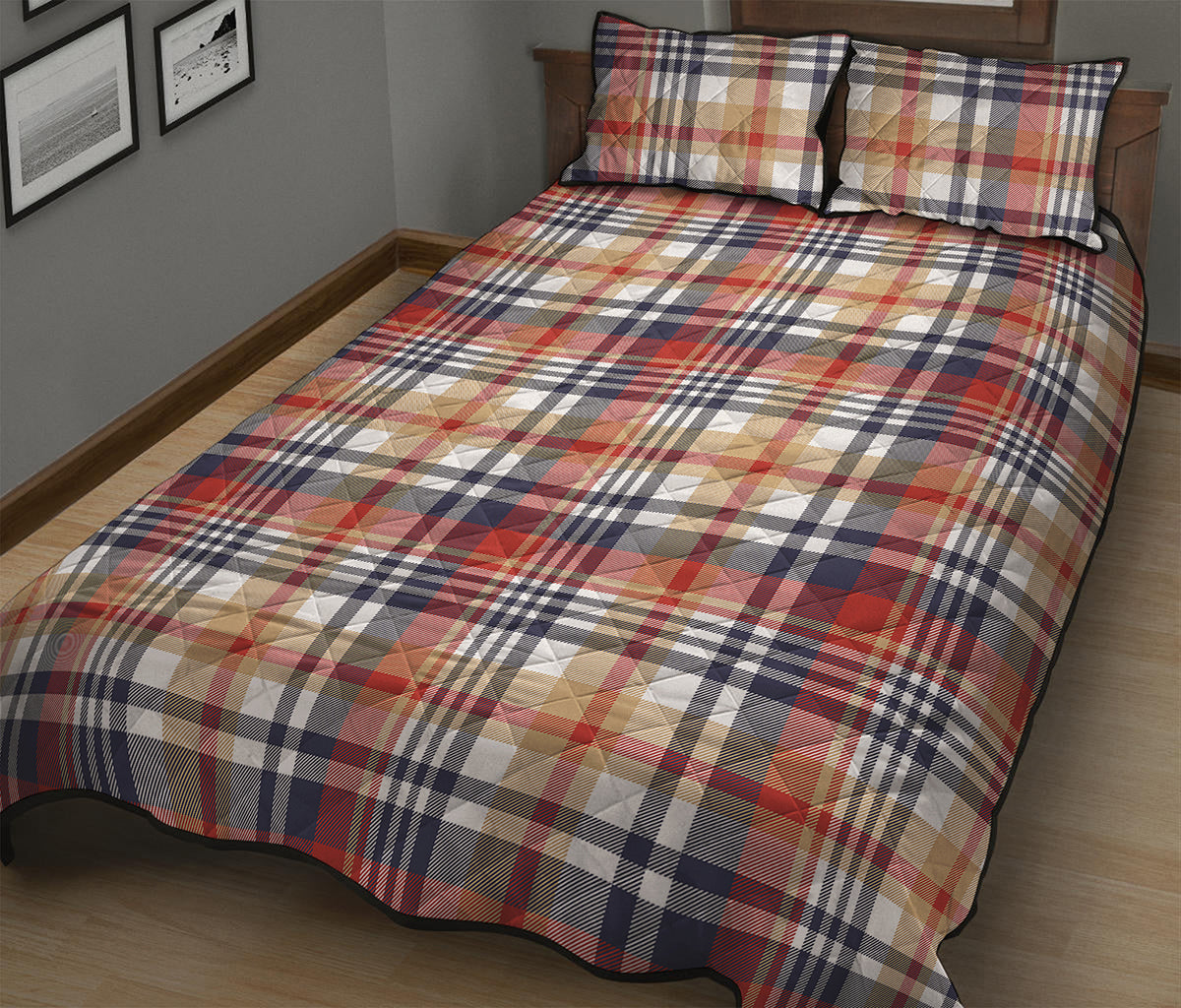 Red Blue And Beige Madras Plaid Print Quilt Bed Set