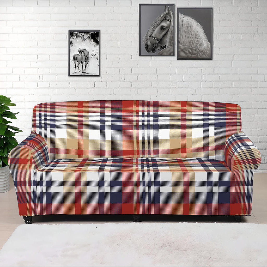 Red Blue And Beige Madras Plaid Print Sofa Cover