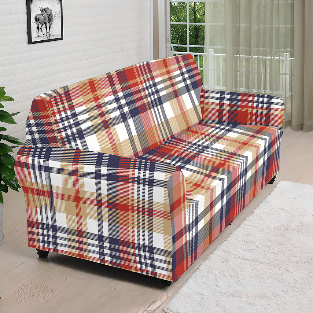 Red Blue And Beige Madras Plaid Print Sofa Cover