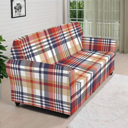 Red Blue And Beige Madras Plaid Print Sofa Cover