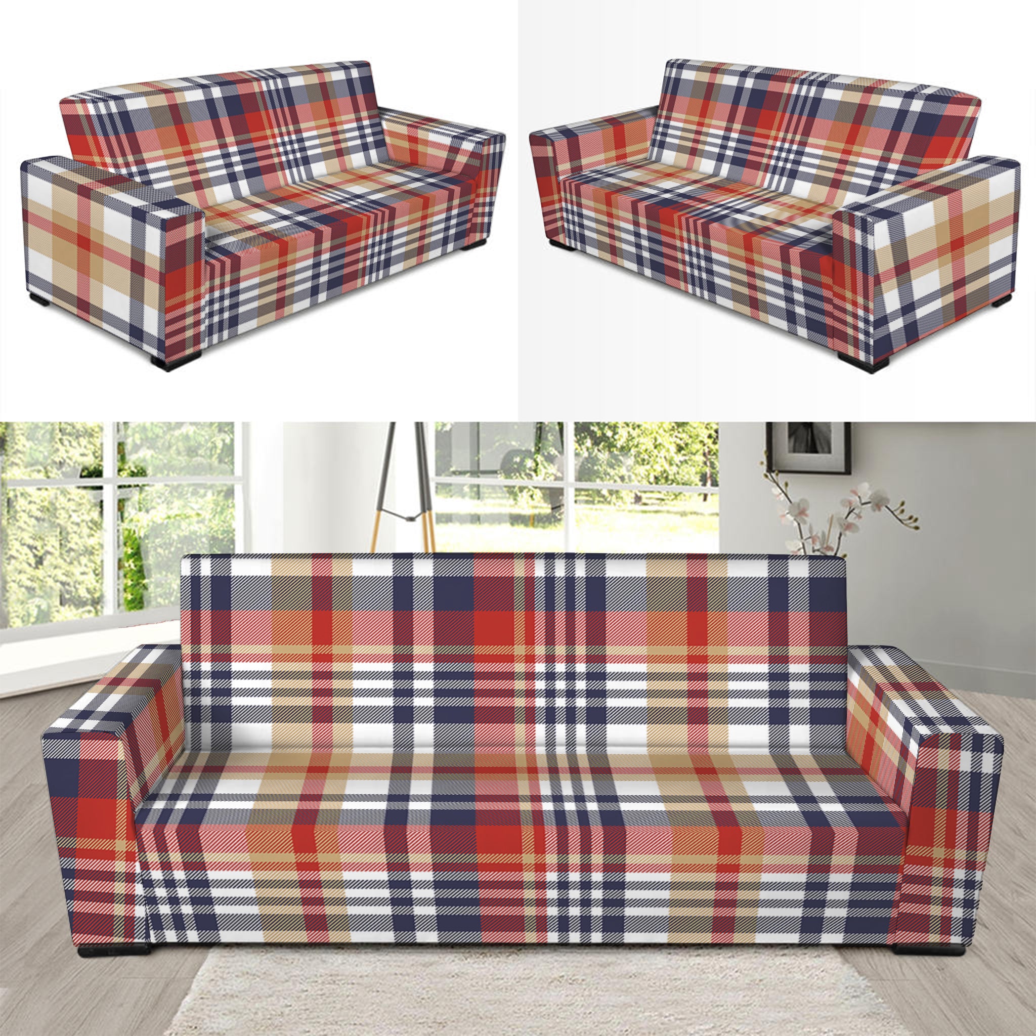 Red Blue And Beige Madras Plaid Print Sofa Slipcover