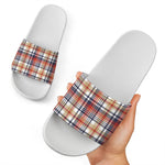 Red Blue And Beige Madras Plaid Print White Slide Sandals