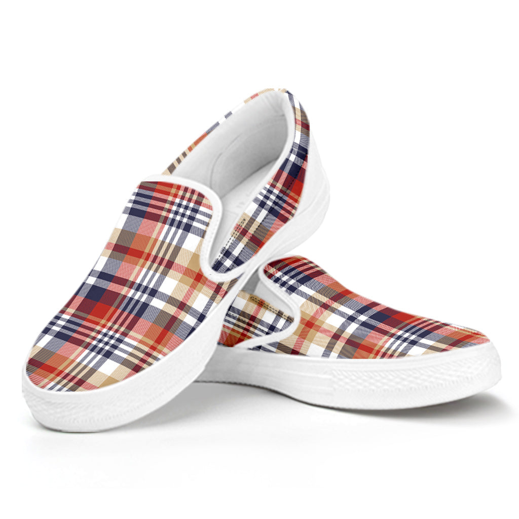 Red Blue And Beige Madras Plaid Print White Slip On Shoes