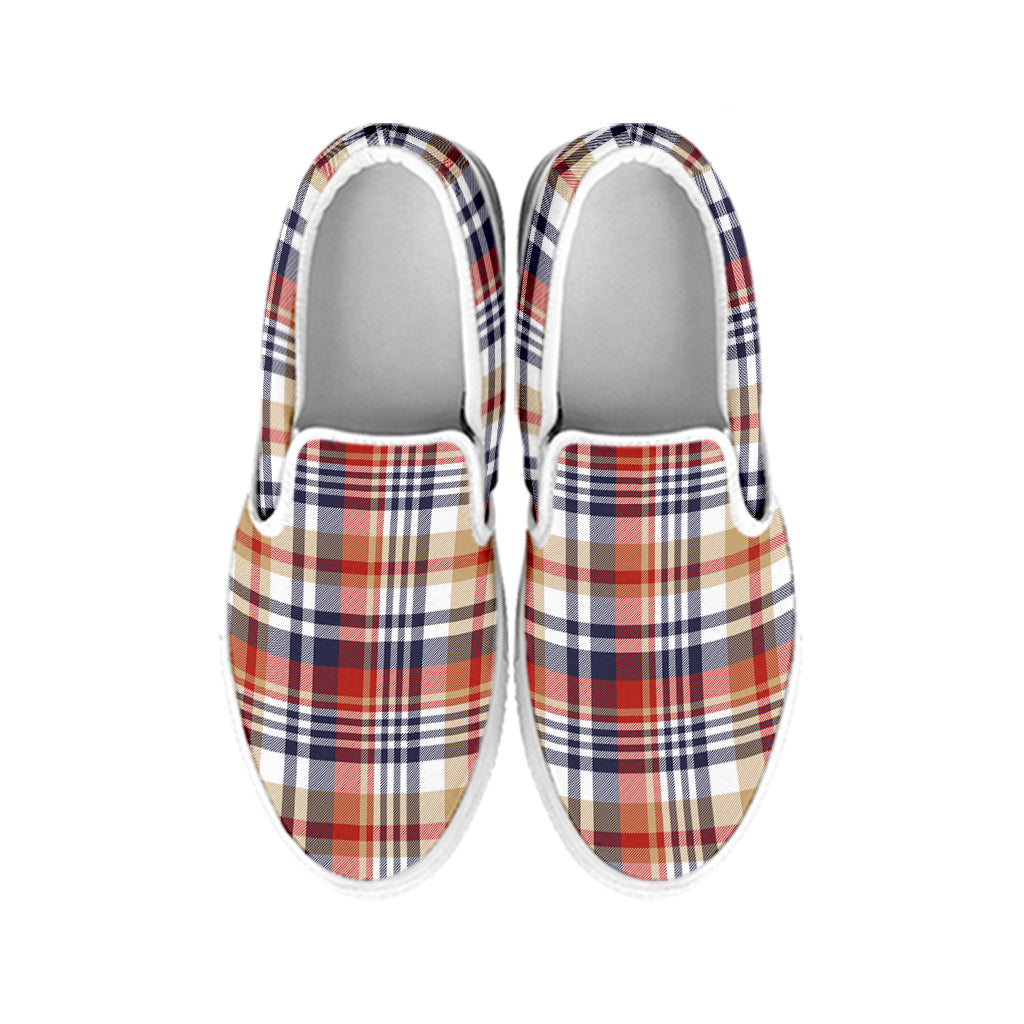 Red Blue And Beige Madras Plaid Print White Slip On Shoes