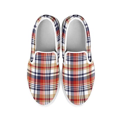 Red Blue And Beige Madras Plaid Print White Slip On Shoes