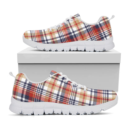Red Blue And Beige Madras Plaid Print White Sneakers