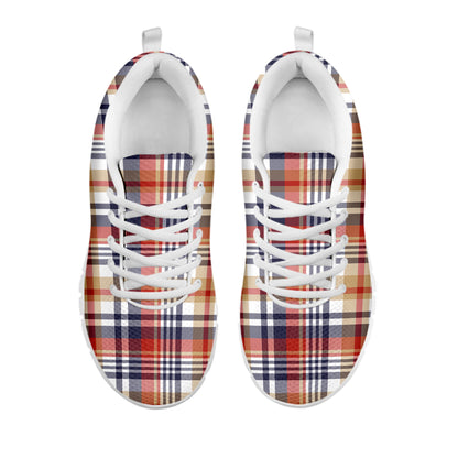 Red Blue And Beige Madras Plaid Print White Sneakers
