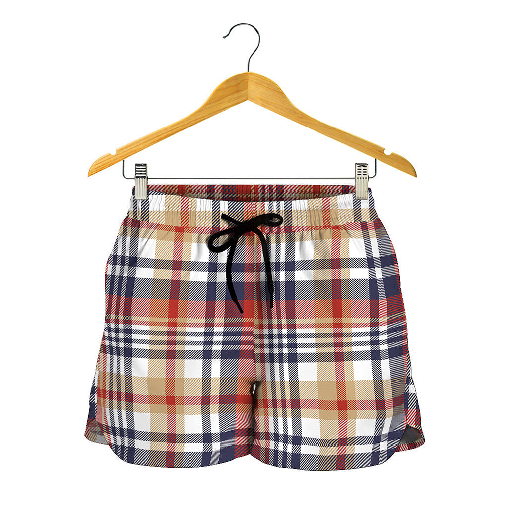 Red Blue And Beige Madras Plaid Print Women's Shorts