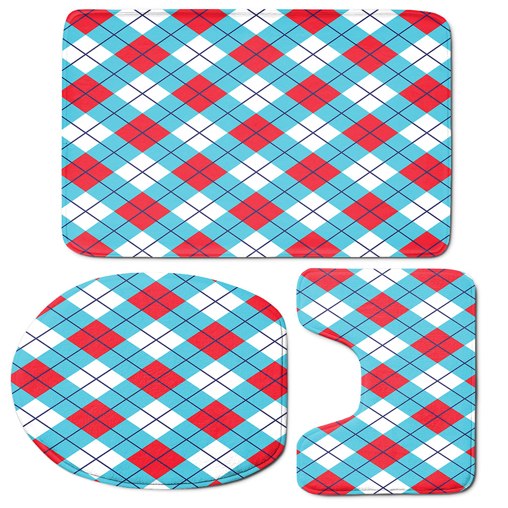 Red Blue And White Argyle Pattern Print 3 Piece Bath Mat Set