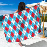 Red Blue And White Argyle Pattern Print Beach Sarong Wrap