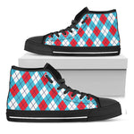Red Blue And White Argyle Pattern Print Black High Top Shoes