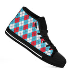 Red Blue And White Argyle Pattern Print Black High Top Shoes