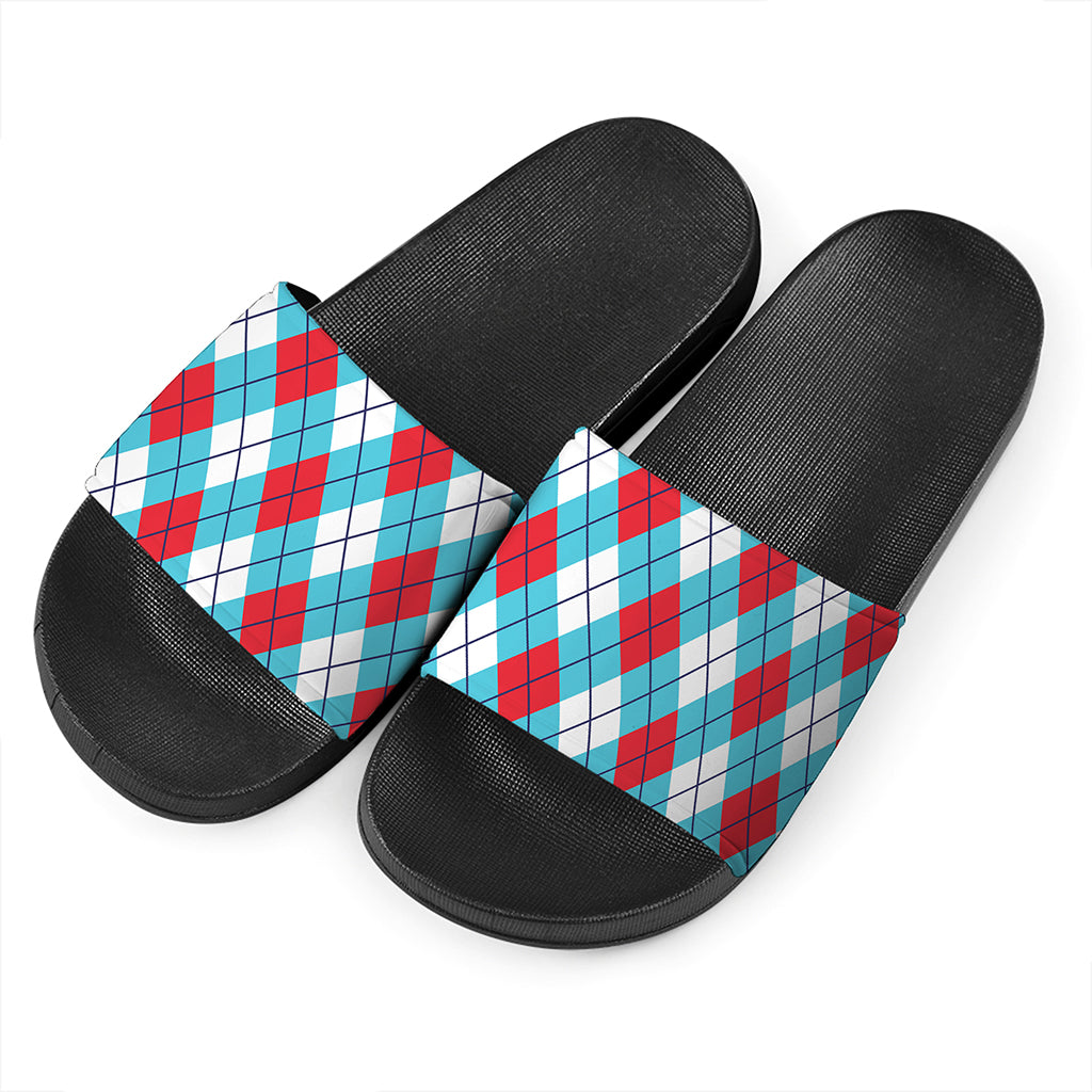 Red Blue And White Argyle Pattern Print Black Slide Sandals