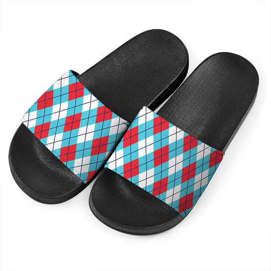 Red Blue And White Argyle Pattern Print Black Slide Sandals