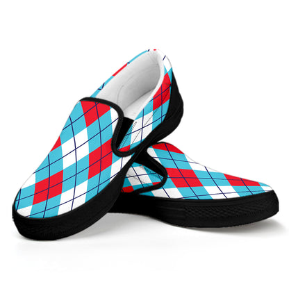 Red Blue And White Argyle Pattern Print Black Slip On Shoes