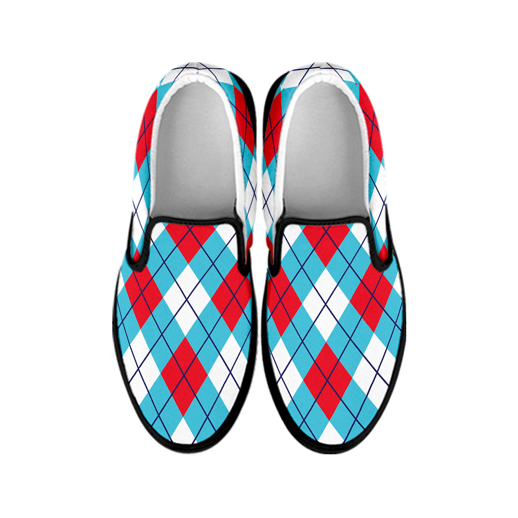 Red Blue And White Argyle Pattern Print Black Slip On Shoes