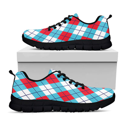 Red Blue And White Argyle Pattern Print Black Sneakers
