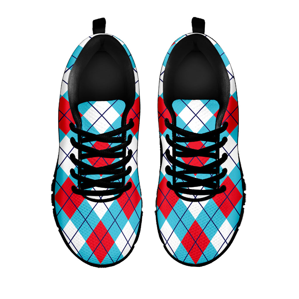 Red Blue And White Argyle Pattern Print Black Sneakers