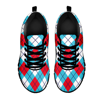 Red Blue And White Argyle Pattern Print Black Sneakers