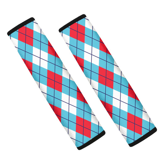 Red Blue And White Argyle Pattern Print Car Seat Belt Covers