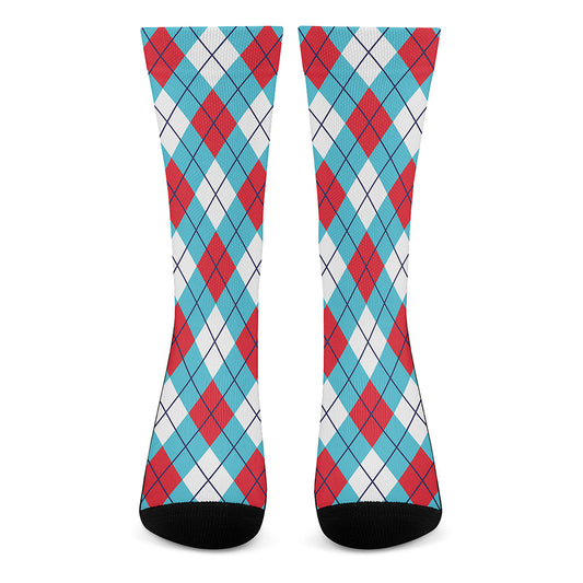 Red Blue And White Argyle Pattern Print Crew Socks