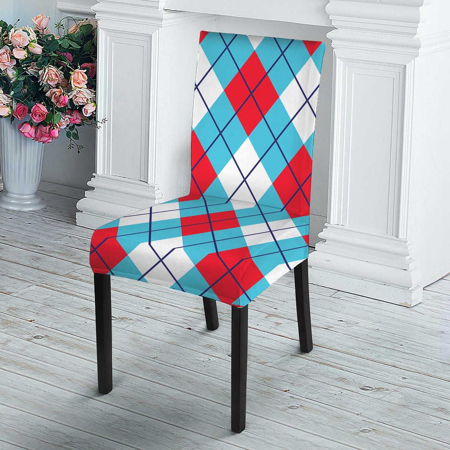 Red Blue And White Argyle Pattern Print Dining Chair Slipcover