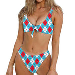 Red Blue And White Argyle Pattern Print Front Bow Tie Bikini