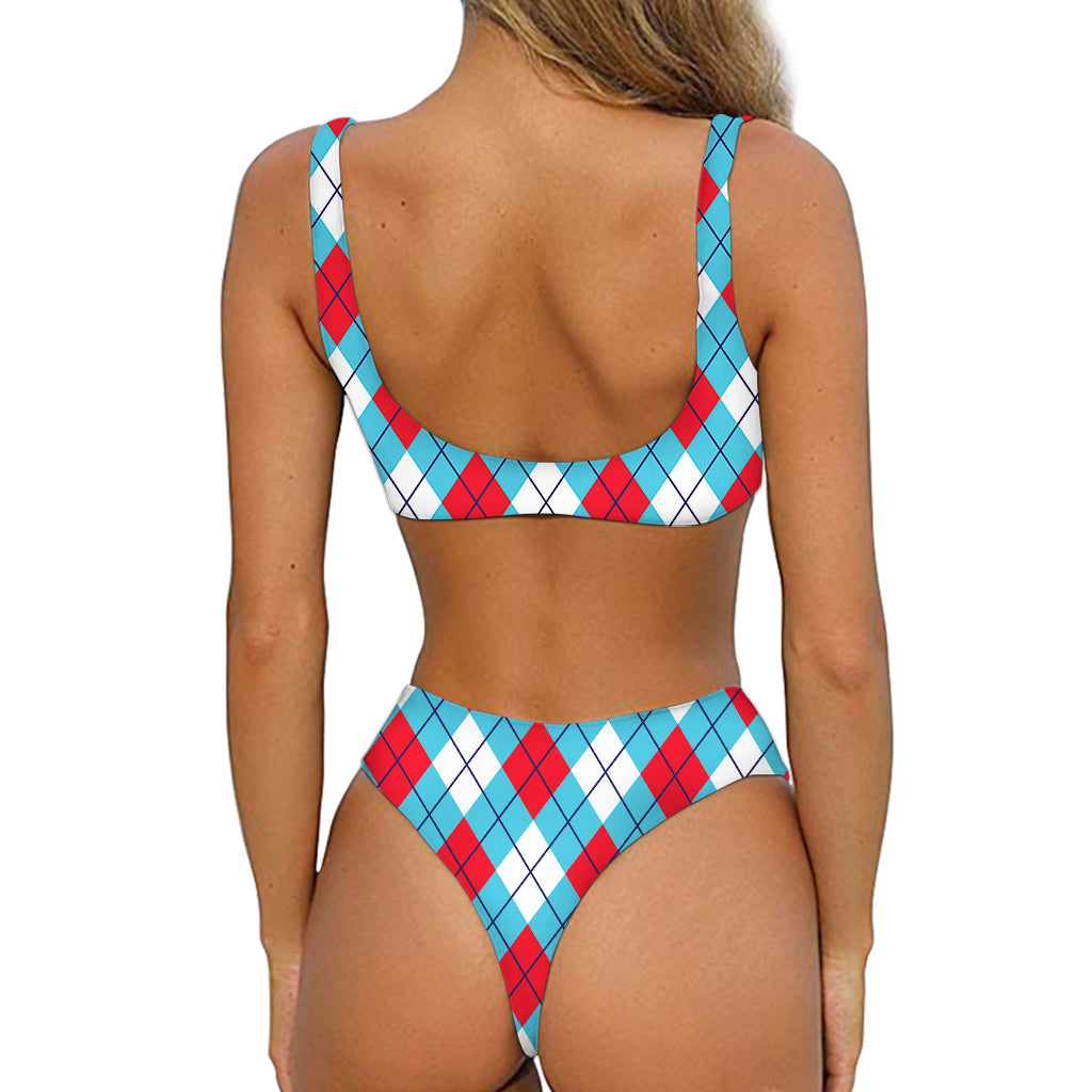 Red Blue And White Argyle Pattern Print Front Bow Tie Bikini