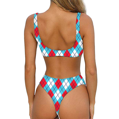 Red Blue And White Argyle Pattern Print Front Bow Tie Bikini