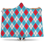 Red Blue And White Argyle Pattern Print Hooded Blanket