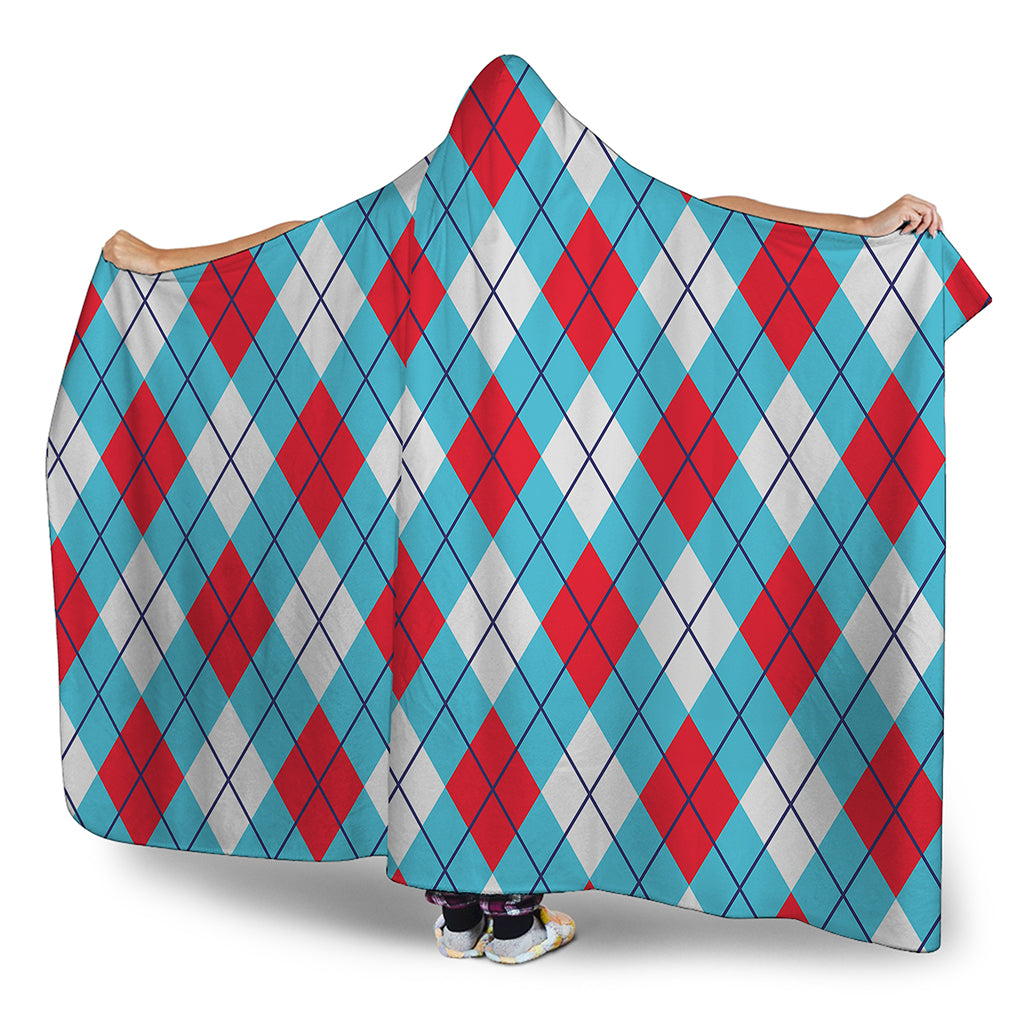 Red Blue And White Argyle Pattern Print Hooded Blanket