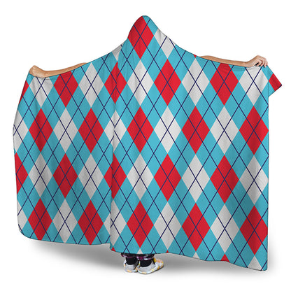 Red Blue And White Argyle Pattern Print Hooded Blanket