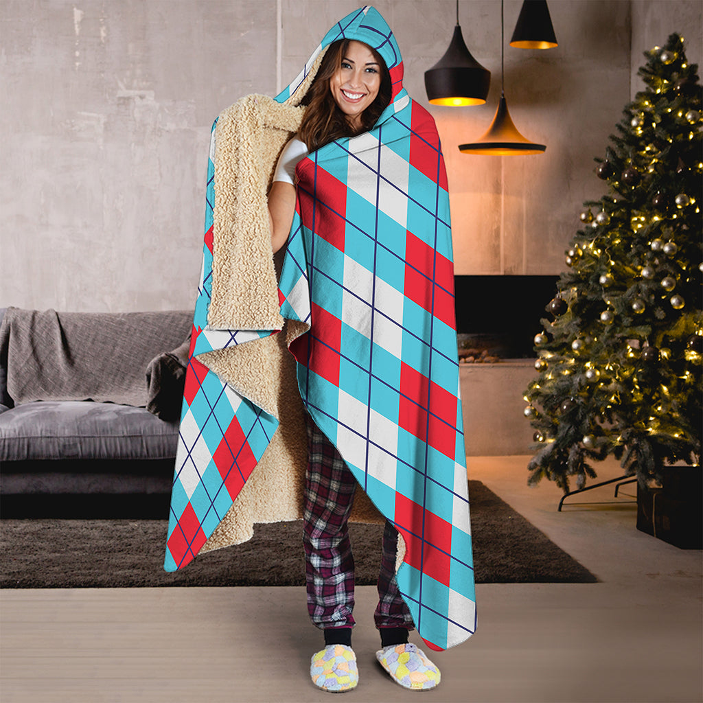 Red Blue And White Argyle Pattern Print Hooded Blanket