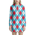 Red Blue And White Argyle Pattern Print Pullover Hoodie Dress