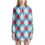 Red Blue And White Argyle Pattern Print Hoodie Dress