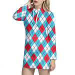 Red Blue And White Argyle Pattern Print Hoodie Dress