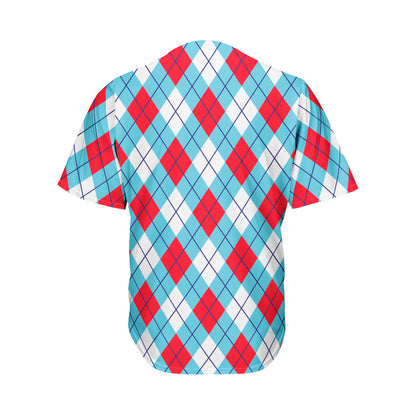 Red Blue And White Argyle Pattern Print Men's Baseball Jersey