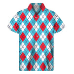Red Blue And White Argyle Pattern Print Men's Short Sleeve Shirt