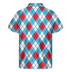 Red Blue And White Argyle Pattern Print Men's Short Sleeve Shirt