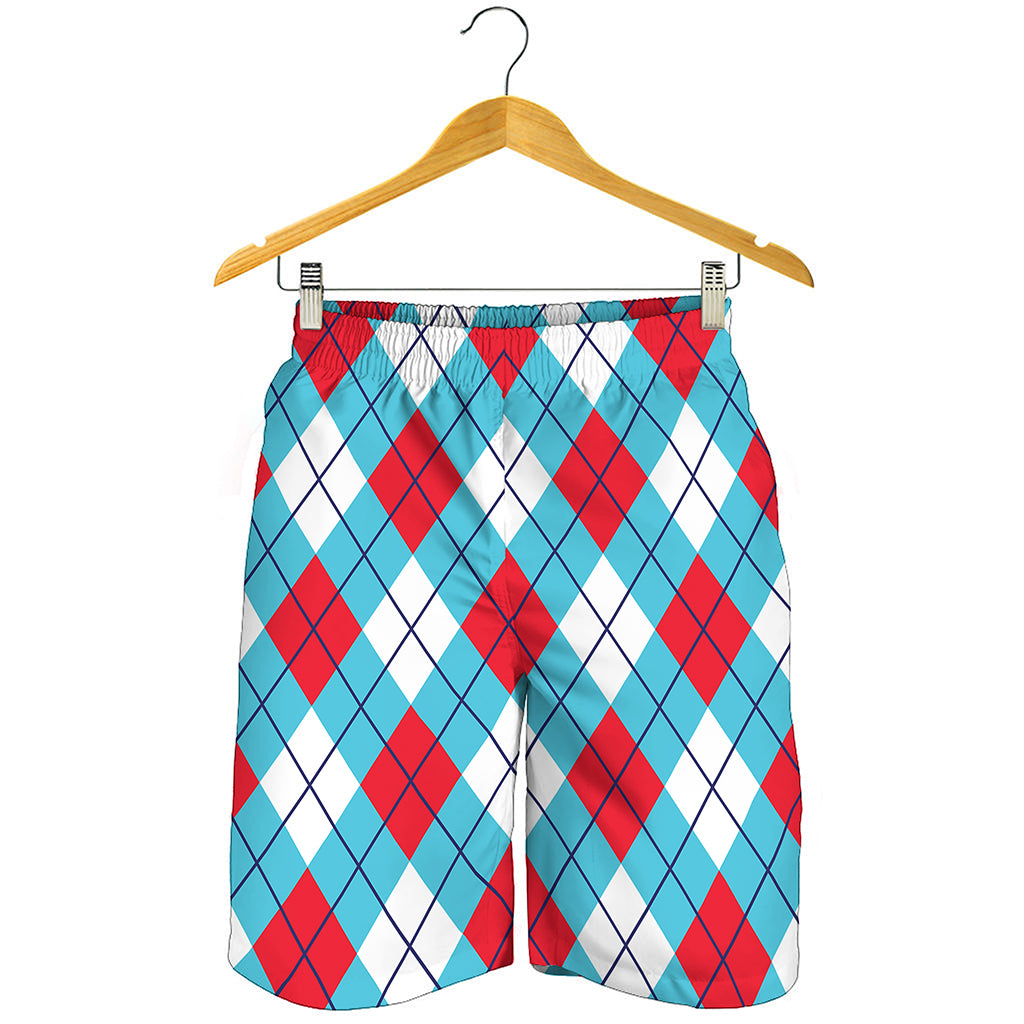 Red Blue And White Argyle Pattern Print Men's Shorts