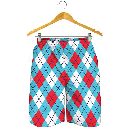 Red Blue And White Argyle Pattern Print Men's Shorts