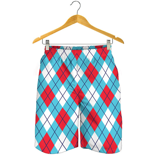 Red Blue And White Argyle Pattern Print Men's Shorts