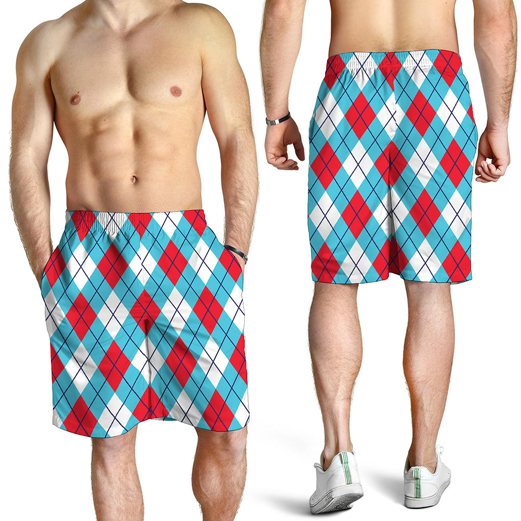 Red Blue And White Argyle Pattern Print Men's Shorts
