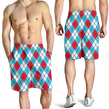 Red Blue And White Argyle Pattern Print Men's Shorts