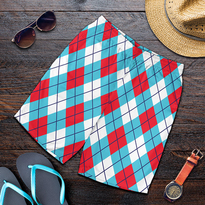 Red Blue And White Argyle Pattern Print Men's Shorts