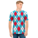 Red Blue And White Argyle Pattern Print Men's T-Shirt