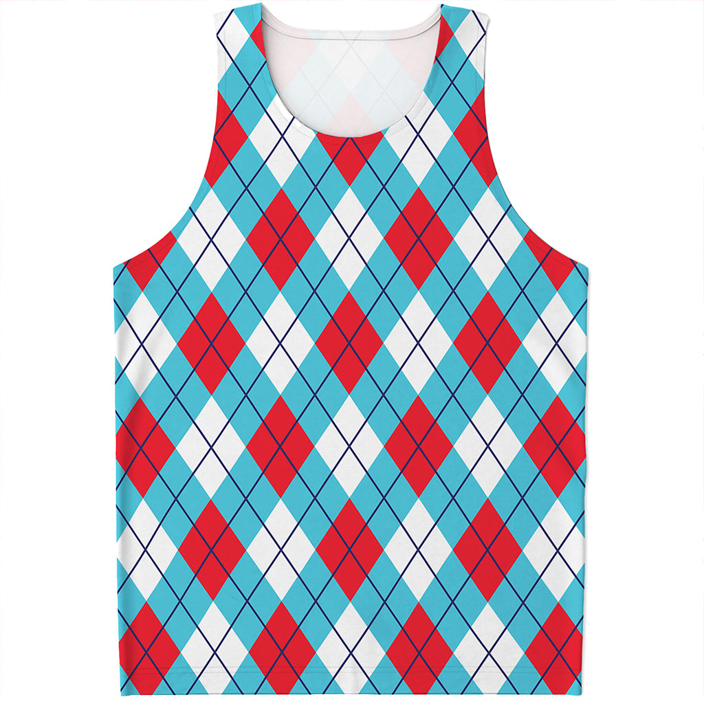 Red Blue And White Argyle Pattern Print Men's Tank Top