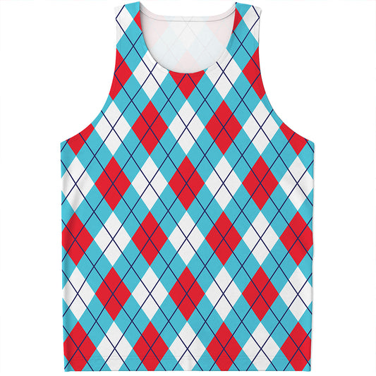 Red Blue And White Argyle Pattern Print Men's Tank Top